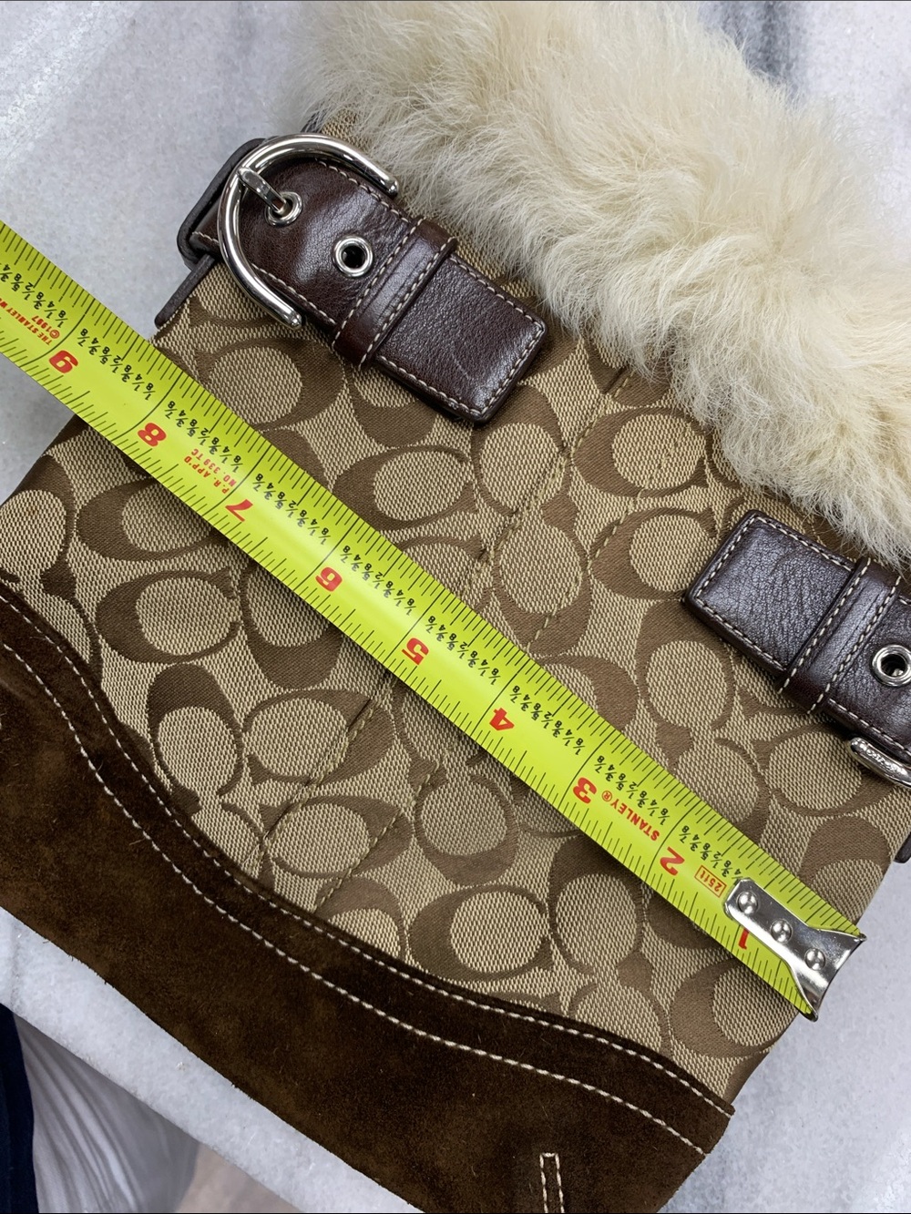 Coach Tan & Brown Signature Jacquard Fur-Trim Shoulder Bag - Picture 4 of 12
